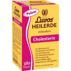 Gelbe Schachtel mit Luvos Heilerde Pulver gegen Cholesterin und Verdauungsprobleme.