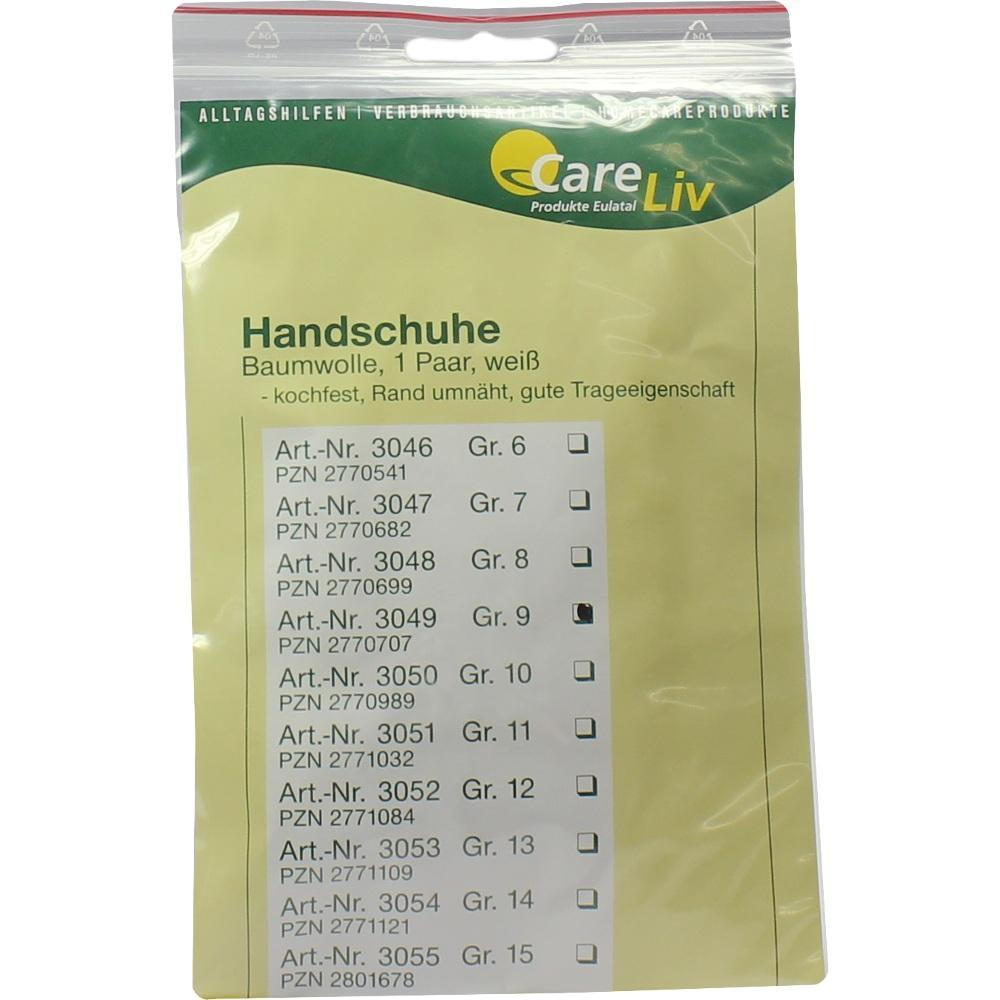 Verpackung für weiße Baumwollhandschuhe in verschiedenen Größen.