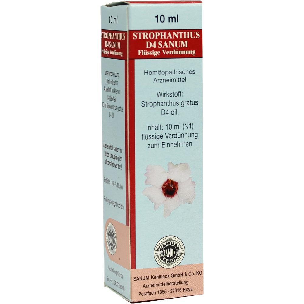 Pappschachtel mit 10 ml homöopathischer Flüssigkeit "Strophanthus D4 SANUM" zum Einnehmen.